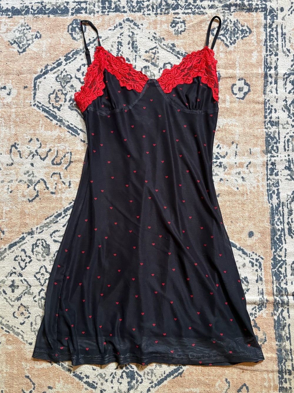 Tiger Mist Black Slip Dress with Red Lace & Heart Accents